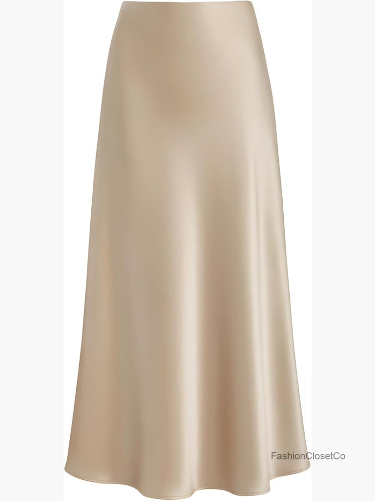 Satin High Waisted A-Line Maxi Skirt Hidden Elastic Waistband
